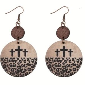Leopard Print Cross Dangle Earrings - New